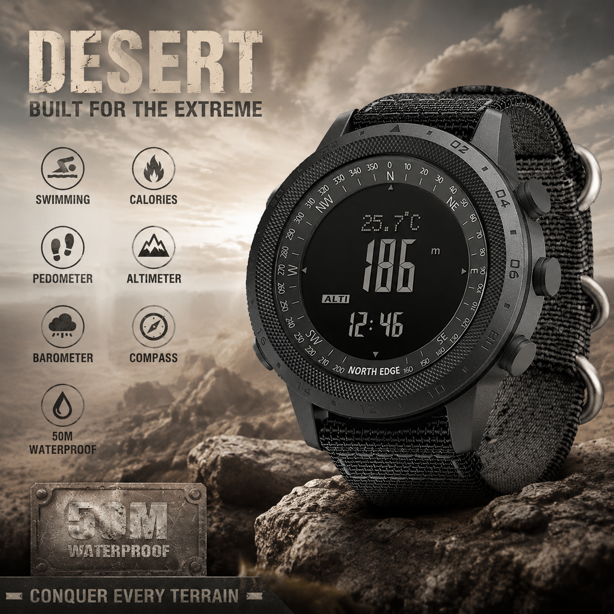 Altimeter Compass Watch - NORTH EDGE DESERT Men Digital Watch